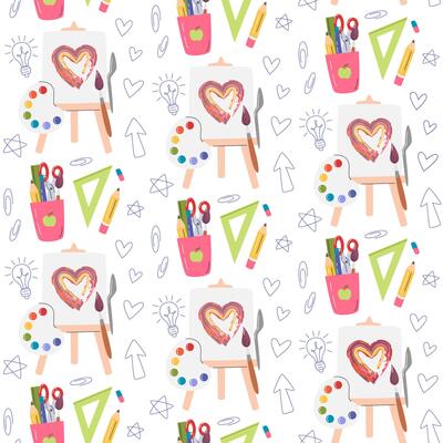 Supplies seamless pattern for creative art classes. Education concept print design. University and college related repeating background. Back to school hand drawn flat illustration isolated