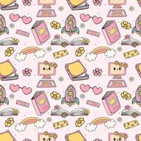 Back to school seamless pattern retro groovy trendy doodle drawing repeating isolated on background. vector