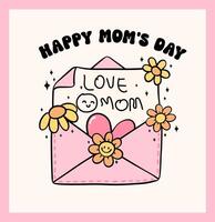 Retro Groovy Mothers Day card love mom letter Doodle Drawing Vibrant Pastel Color for funny sarcastic Greeting Card and Sticker, tshirt Sublimation. vector