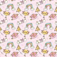 Back to school seamless pattern retro groovy graduation trendy doodle drawing repeating isolated of pink background. vector