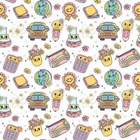 Back to school seamless pattern retro groovy trendy doodle drawing repeating isolated on background. vector