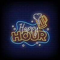 happy hour neon Sign on brick wall background vector