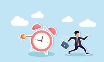 Managing time racing against project deadlines or facing hurdles in product delivery, concept of Afraid businessman fleeing from ticking time bomb ready to explode vector