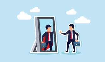 Self confidence, believing in oneself, positive attitude, and ambition drive success, concept of The businessman gazes at his powerful ideal self, a superhero, in the mirror vector