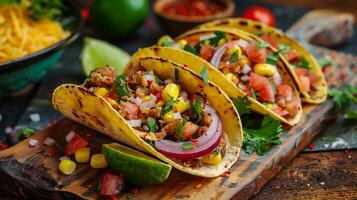 Mexican Tacos With Vegetables, Meat, Corn, And Fresh Herbs, On A Rustic Wooden Board. photo