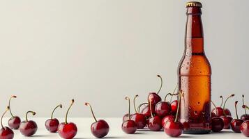 Chilled Cherry Beer Bottle With Cherries On White Minimalist Background, Copy Space. photo