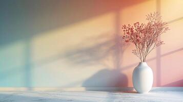 Elegant Cherry Blossoms In A White Vase. Soft Morning Light Through Window. Copy Space photo