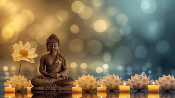 Serene Buddha statue with lotus flowers and candles. Vesak banner with copy space. photo