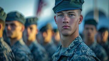 Line of soldiers in camouflage uniforms standing solemnly on Memorial Day. Patriotic scene photo