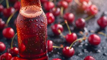 Cherry Beer Bottle with Among Scattered Cherries On A Slate Surface. Copy Space. . photo