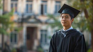A young Asian man in a black gown and graduation cap standing in front of a university. photo