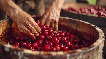 Close-Up Of Hands Sorting Through Freshly Harvested, Juicy Cherries In Rustic Setting. photo