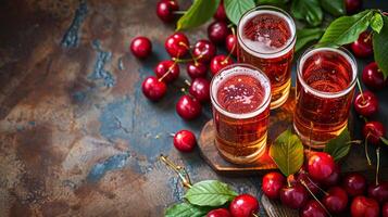 Glasses Of Sparkling Cherry Beer On Rustic Table, Fresh Cherries In Foreground, Summer. photo