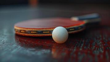 de cerca de un mesa tenis paleta y pelota en el mesa. verano olímpico juegos, Deportes equipo. foto