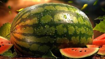 Sunlit Fresh Watermelon Resting On Green Leaves, Juicy Red Flesh Slice. Summer Refreshment, Harvest photo