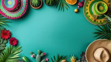 Mexican maracas, sombrero, and cactus. Green Cinco de Mayo banner with Copy space. photo