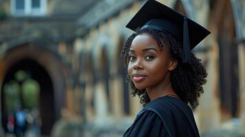 joven negro mujer en vestido y graduación gorra en pie en frente de Universidad edificio. foto