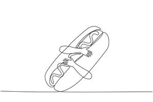 Single continuous line drawing of hands hugging hot dog. Cooked long sausages are served with buns and then topped with pieces of lettuce, tomato, onion. Fast food. One line design illustration vector