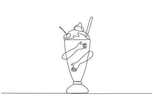 Single continuous line drawing human hands hugging milkshake. Drinks made from fresh milk or fresh liquid milk mixed with ice cream. Chocolate is favorite flavour. One line design illustration vector