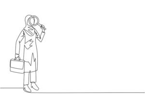 Single continuous line drawing Arab businesswoman stood holding magnifier and the other holding a briefcase. Look for smallest possible opportunities for profit that can be exploited. One line vector