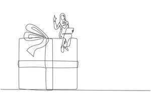 Continuous one line drawing of young Arabian businesswoman sitting on a giant gift box holding laptop computer. Reminding there is still a prize to be won. Business reward. Single line illustration vector