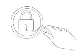 Single one line drawing big hand holding magnifying glass highlights the padlock. Security symbol. The modern era, security are the most important things. Continuous line design graphic illustration vector