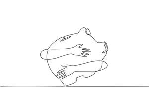 Continuous one line drawing of hands hugging piggy bank. Saving in the present for life in the future. The concept of concern for financial future. Single line draw design illustration vector