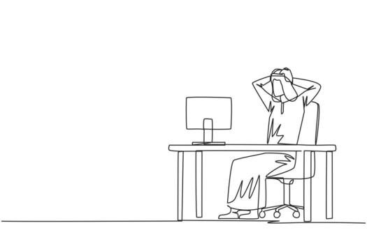 Continuous one line drawing Arab businessman sitting in work chair is holding head with both hands. In front of monitor face reality of many unpaid bills. Single line draw design illustration vector