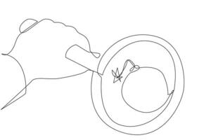 Continuous one line drawing big hand holding magnifying glass highlighting bomb with a burning fuse. Concept lack of security can be dangerous for surrounding situation. Single line draw design vector