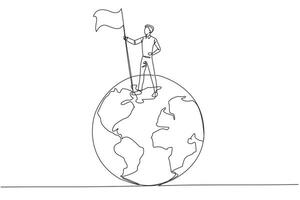 Continuous one line drawing of successful businessman standing on giant globe holding flag. Businessman celebrating victory. Metaphor of conquering the world. Single line draw illustration vector