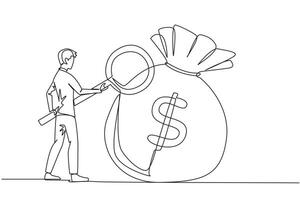 Single continuous line drawing businessman stood checking out giant money bag with magnifier. A person's success depends on the number of money bags collected. One line design illustration vector