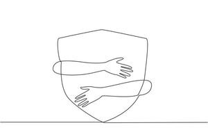 Continuous one line drawing human hands hugging shield. Network security is needed in a business. Protect personal data from an evil person in the cyber world. Single line design illustration vector