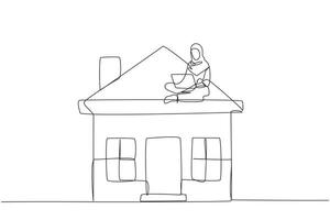 Continuous one line drawing of young Arabian businesswoman sitting on miniature house while working at computer laptop. House rental business. Great passive income. Good future life. Single line draw vector