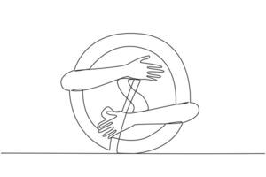 Single one line drawing of hands hugging huge coin. Addicted to money in arms. Holding coins tightly in arms is a symbol of greed. Must get as much business profit as possible. Continuous line design vector