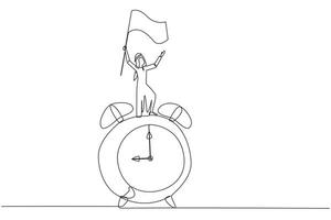 Single one line drawing of young Arabian businessman standing on giant alarm clock raising flag in the hand. Enjoy business success when the deadline ends. Continuous line design graphic illustration vector