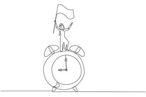 Single one line drawing of young Arabian businessman standing on giant alarm clock raising flag in the hand. Enjoy business success when the deadline ends. Continuous line design graphic illustration vector