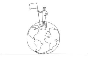 Single one line drawing of Arabian businessman standing on giant globe holding flag. Businessman celebrating victory. Metaphor of conquering the world. Continuous line design graphic illustration vector