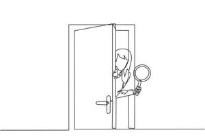 Single one line drawing businesswoman came out from behind the door holding a magnifier. Invite business partners to join so that the business is stronger. Continuous line design graphic illustration vector