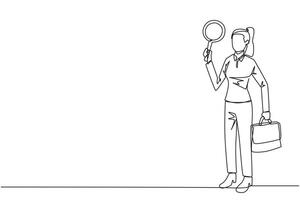 Single continuous line drawing businesswoman holds the magnifier in right hand while in left hand holds a briefcase. Businesswoman who offer cooperation proposals. One line design illustration vector