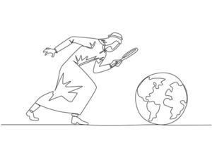 Single one line drawing of Arabian businessman holding magnifying glass looking at globe. Analyze and map the territory to open the new business. Growing business. Continuous line graphic illustration vector