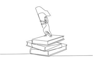 Single one line drawing of Arabian businessman standing on stacks of giant books raising flag. Reading improves his skills in business world to become a successful entrepreneur. Continuous line design vector