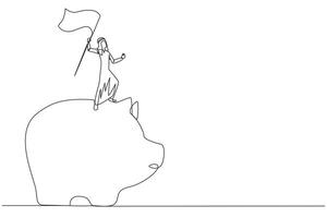 Single one line drawing of successful Arabian businessman standing on giant piggy bank raising flag. Making investments during the corona pandemic to keep the business survive. Continuous line graphic vector