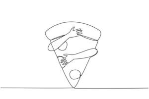Single continuous line drawing of hands hugging pizza slice. One slice of pizza contains up to 700 calories. Excess calories are not good for the body. Junk food. One line design illustration vector