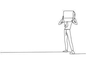 Continuous one line drawing of businessman stood up and covered head with cardboard. Businessman who are embarrassed because unable to pay several bills. Single line draw design illustration vector