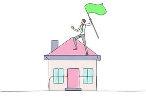 Continuous one line drawing of young businessman standing on miniature house raising flag. Entrepreneurs who are successful in home property deserve an award for his business. Single line draw vector