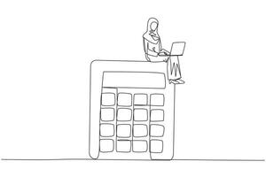 Continuous one line drawing young Arabian businesswoman sitting on giant calculator working on laptop computer. Calculating financial profit or passive income. Online payment. Single line draw design vector