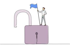 Single continuous line drawing young businessman standing on giant open padlock holding flag. Successful businessman find loopholes in a web to hack it. Vulnerable security. One line design vector