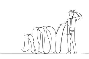 Single continuous line drawing of businessman holding a long billing paper dangling all the way to the floor, one of his hands scratching his head. Confused how to pay the bill. One line design vector