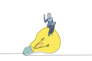 Single one line drawing of Arabian businesswoman sitting on big lightbulb while holding laptop computer. Showing one finger meaning having great idea for her online business. Continuous line design vector