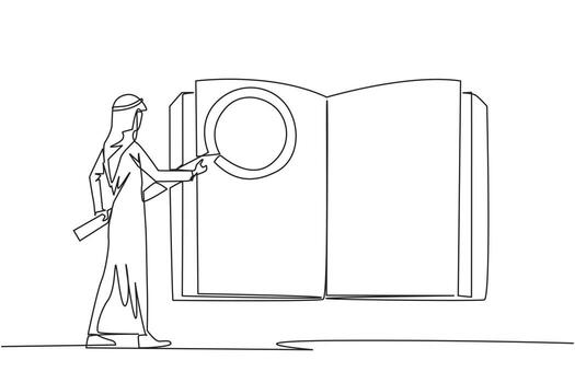 Continuous one line drawing of Arab businessman stood holding the magnifier and checked big open book. Looking for valid information and data so that the business grows. Single line draw design vector